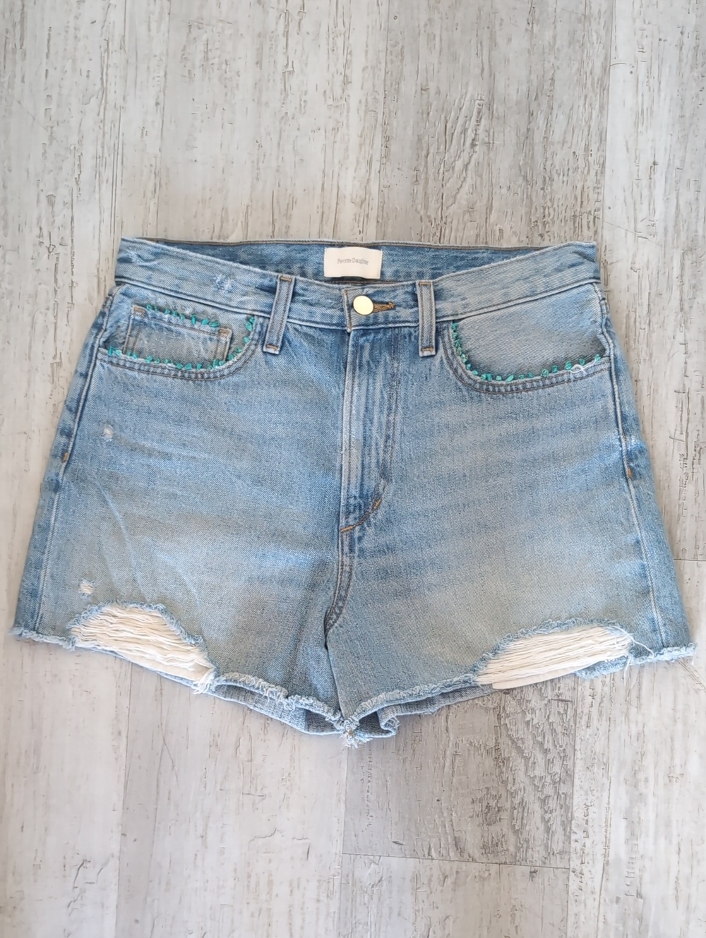 Light Blue Distressed Denim Shorts w/ Turquoise Stone Details